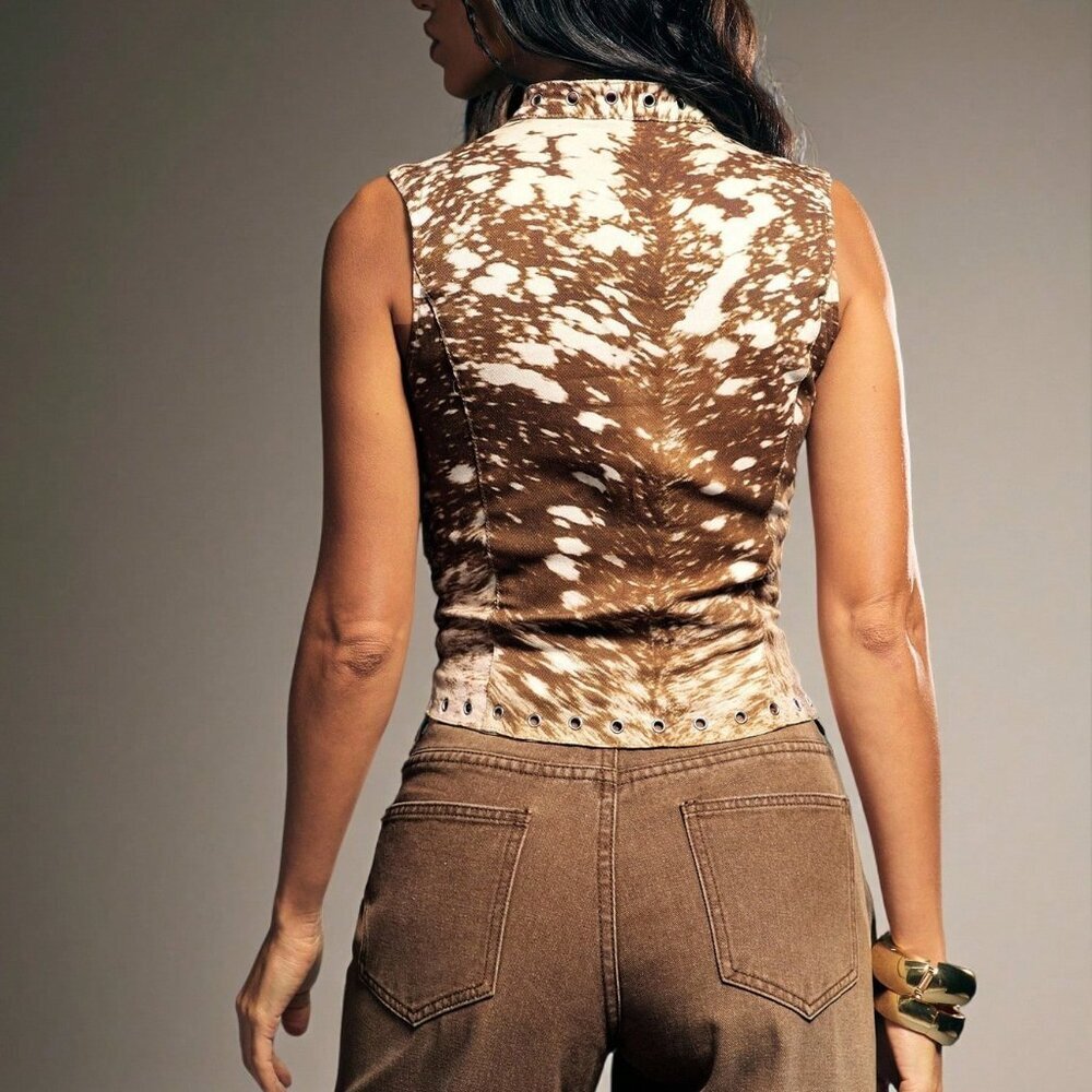 Multicolor Sexy Women's Fawn Print Lace Up Top - Picture 4 of 5